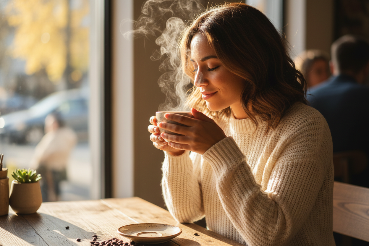 women drinking coffee and smelling 